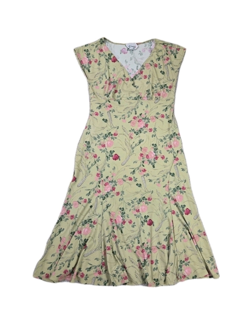 Vintage Green Floral Midi Dress V Neck Romantic Cottage Soft Girl Feminine Flowy